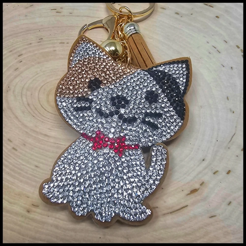 Juliet Puff Rhinestone Accented Cat Keychain with Tassel and Snap Hook - Picture 5 of 6